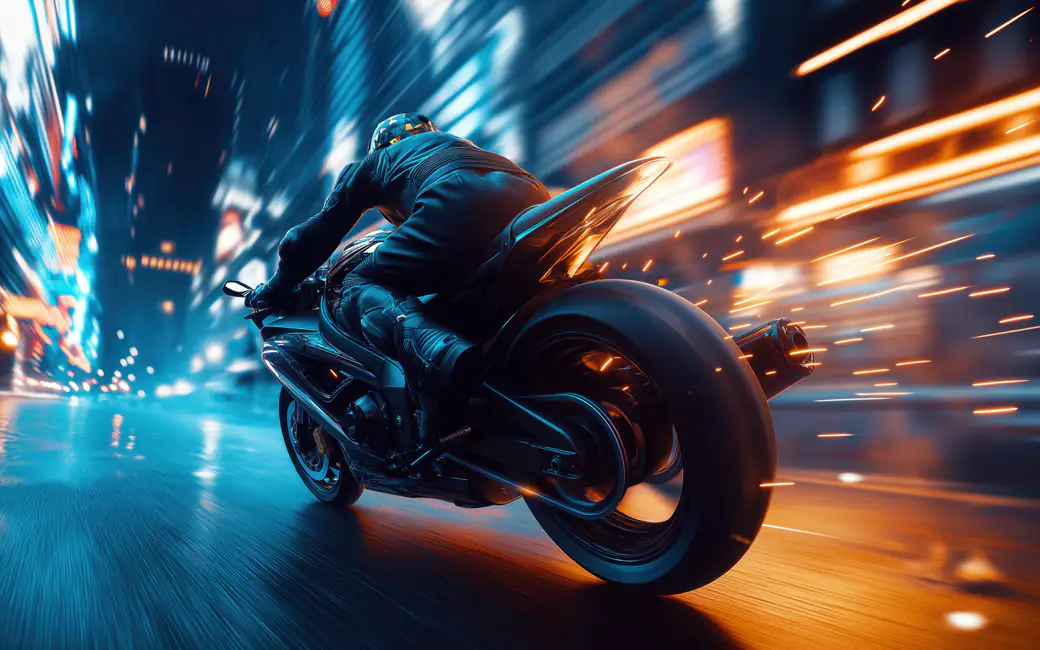 A motorcyclist is racing in the city — desktop and phone wallpaper, free download