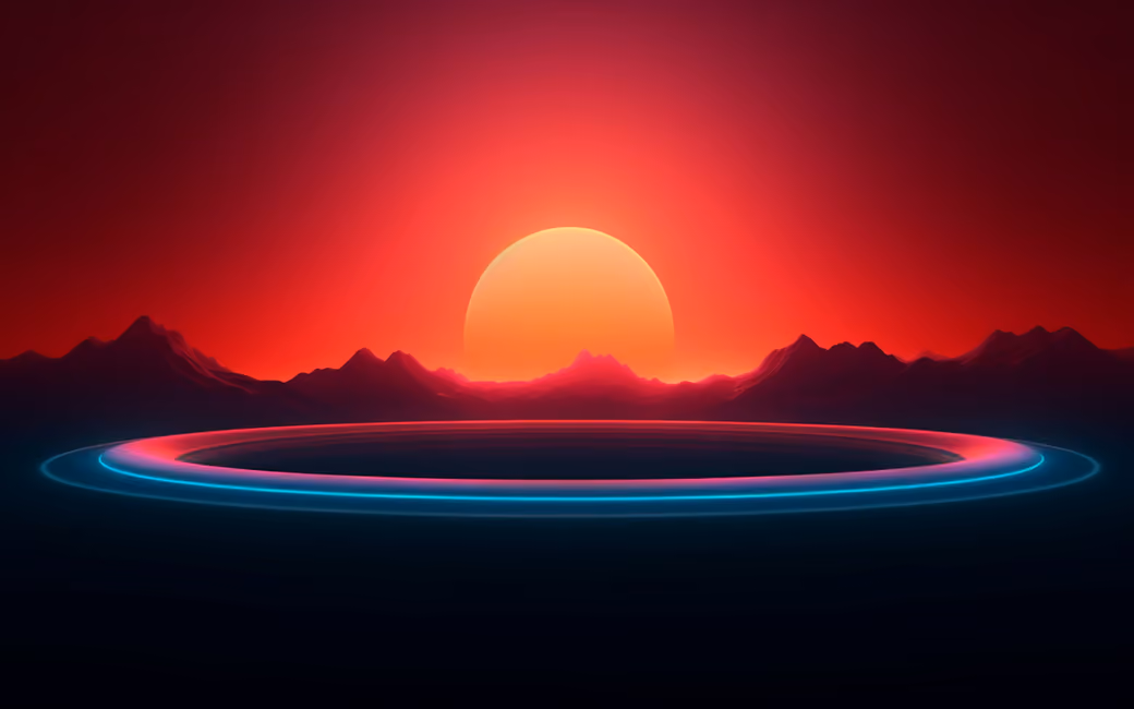 Sunset over mountains with neon ring — desktop and phone wallpaper, free download