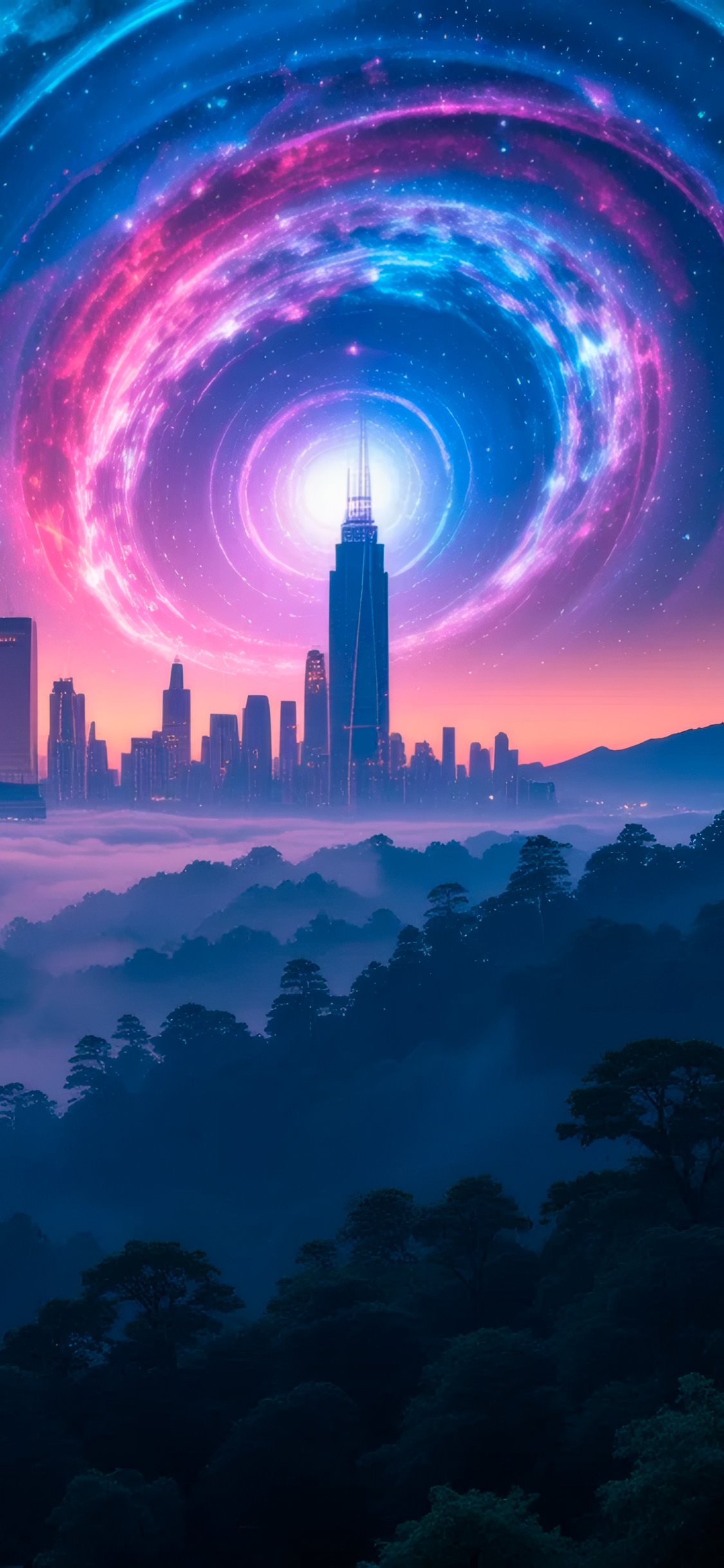 City skyline with cosmic vortex - Wallpapers for iPhone X/XS/11 Pro in 1125x2436 resolution