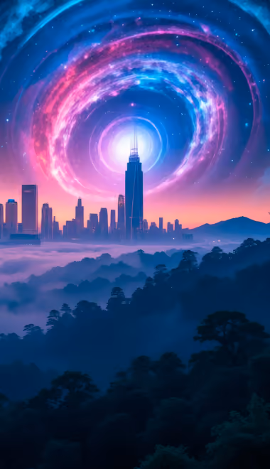 Обои феномен для Honor/Huawei (1080x2376): силуэт города, небоскрёбы, лес, туман