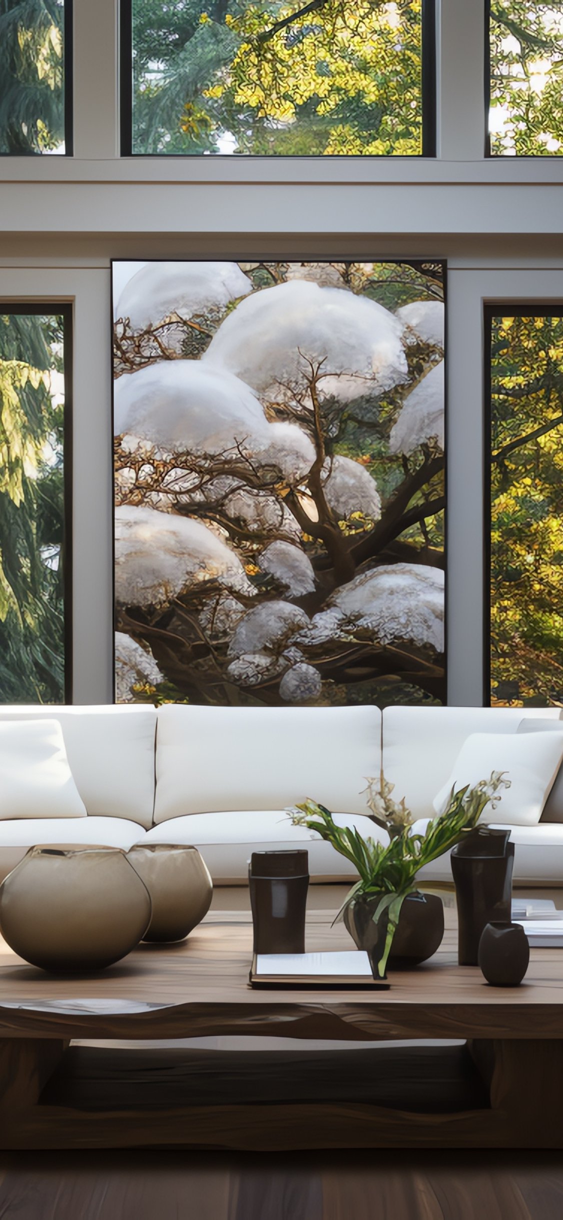 Modern living room with large windows - Wallpapers for iPhone X/XS/11 Pro in 1125x2436 resolution