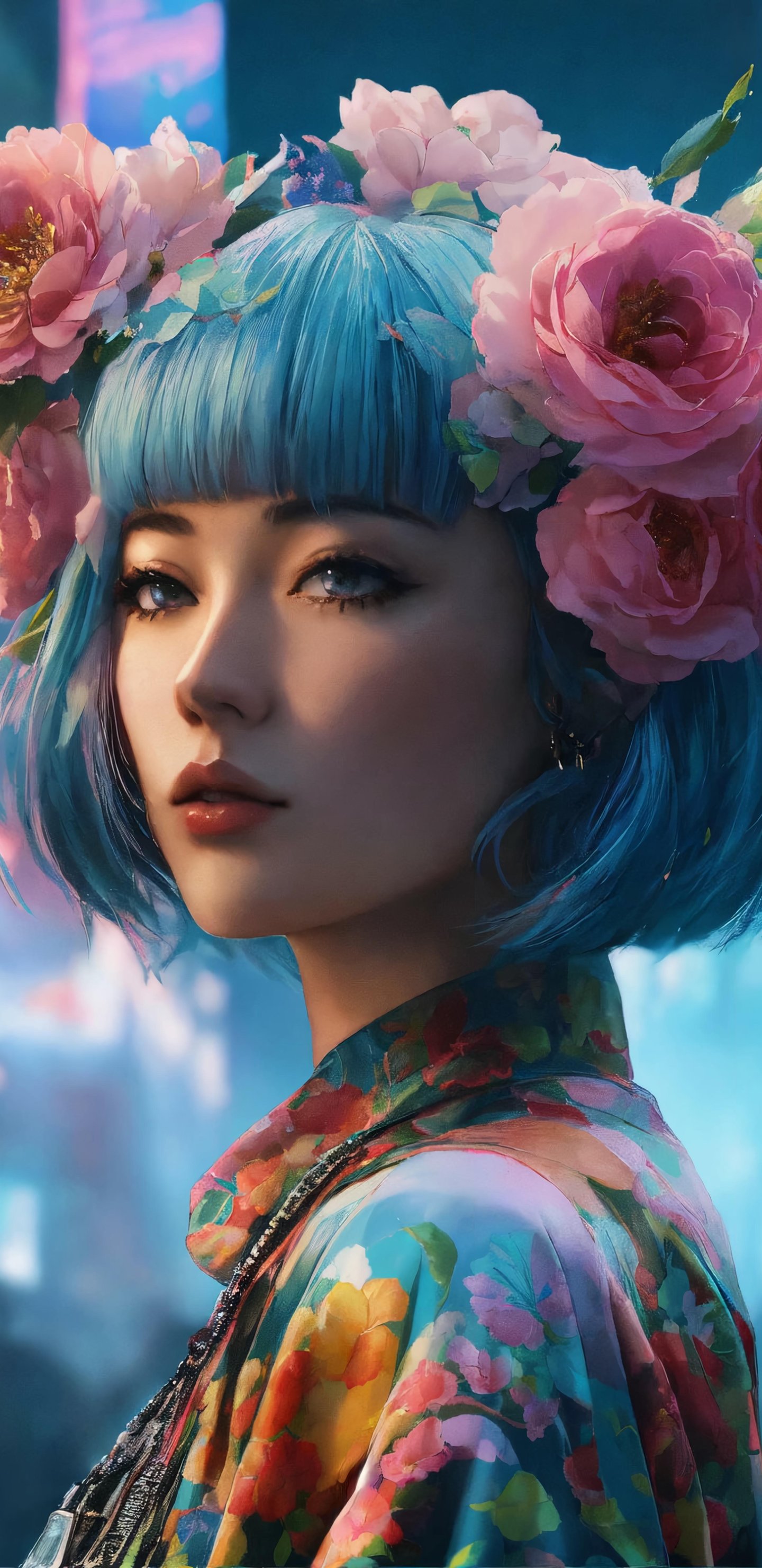 Woman with blue hair and flower crown - Wallpapers for Samsung Galaxy S8/S8+/Note 8/S9/S9+/Note 9 in 1440x2960 resolution