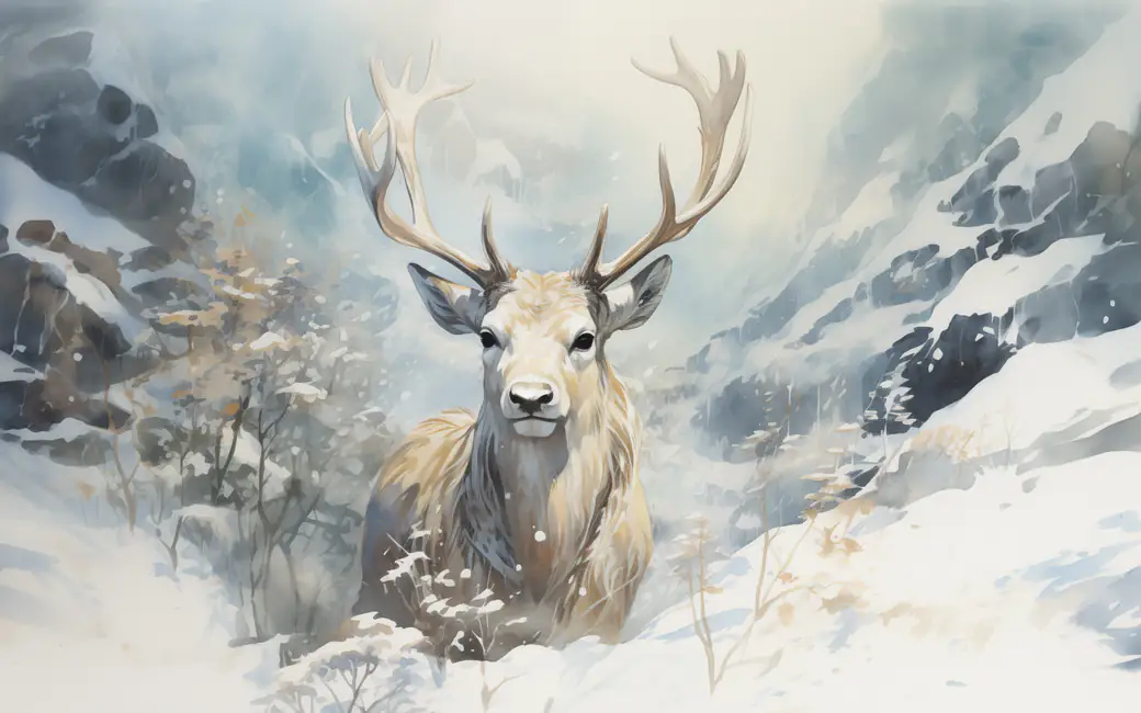 White stag in snowy mountain valley — desktop and phone wallpaper, free download