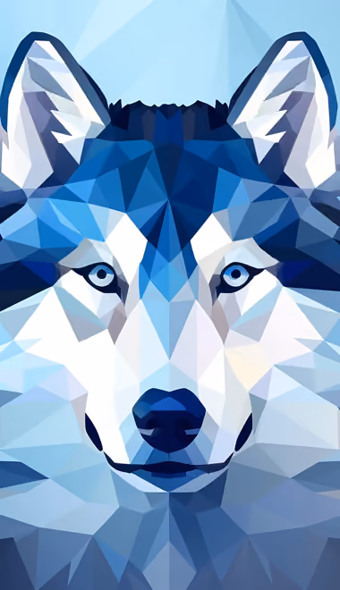 Обои иллюстрации: волк, low poly, голубые глаза, шерсть