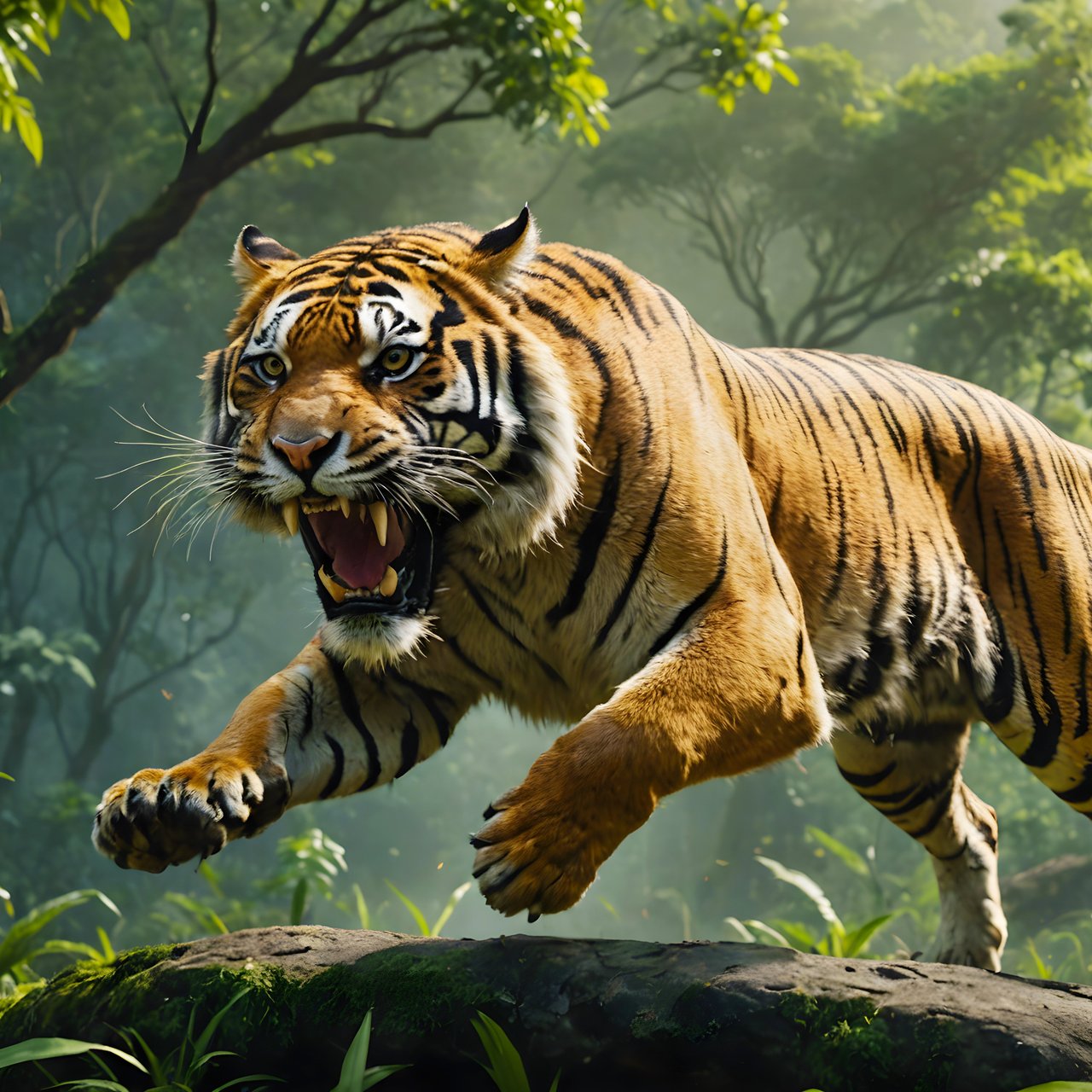 Tiger hunts in dense jungle - Wallpapers for Lenovo, Huawei in 1280x1280 resolution