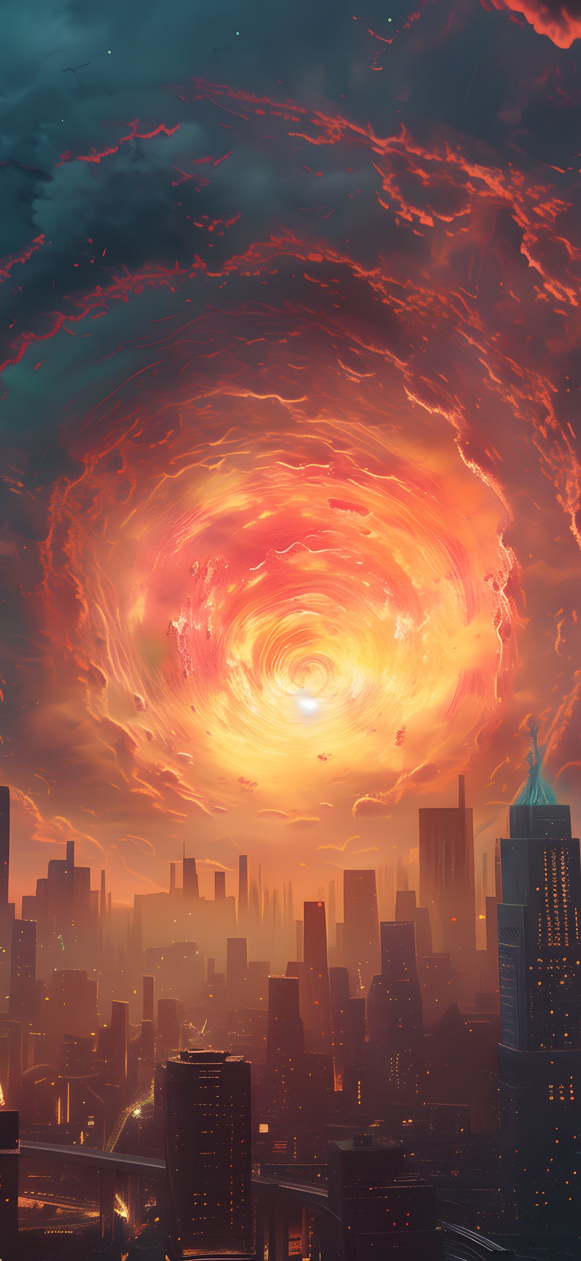 Fiery whirlwind over the city - Wallpapers for iPhone 14 Pro/15 Pro in 1179x2556 resolution