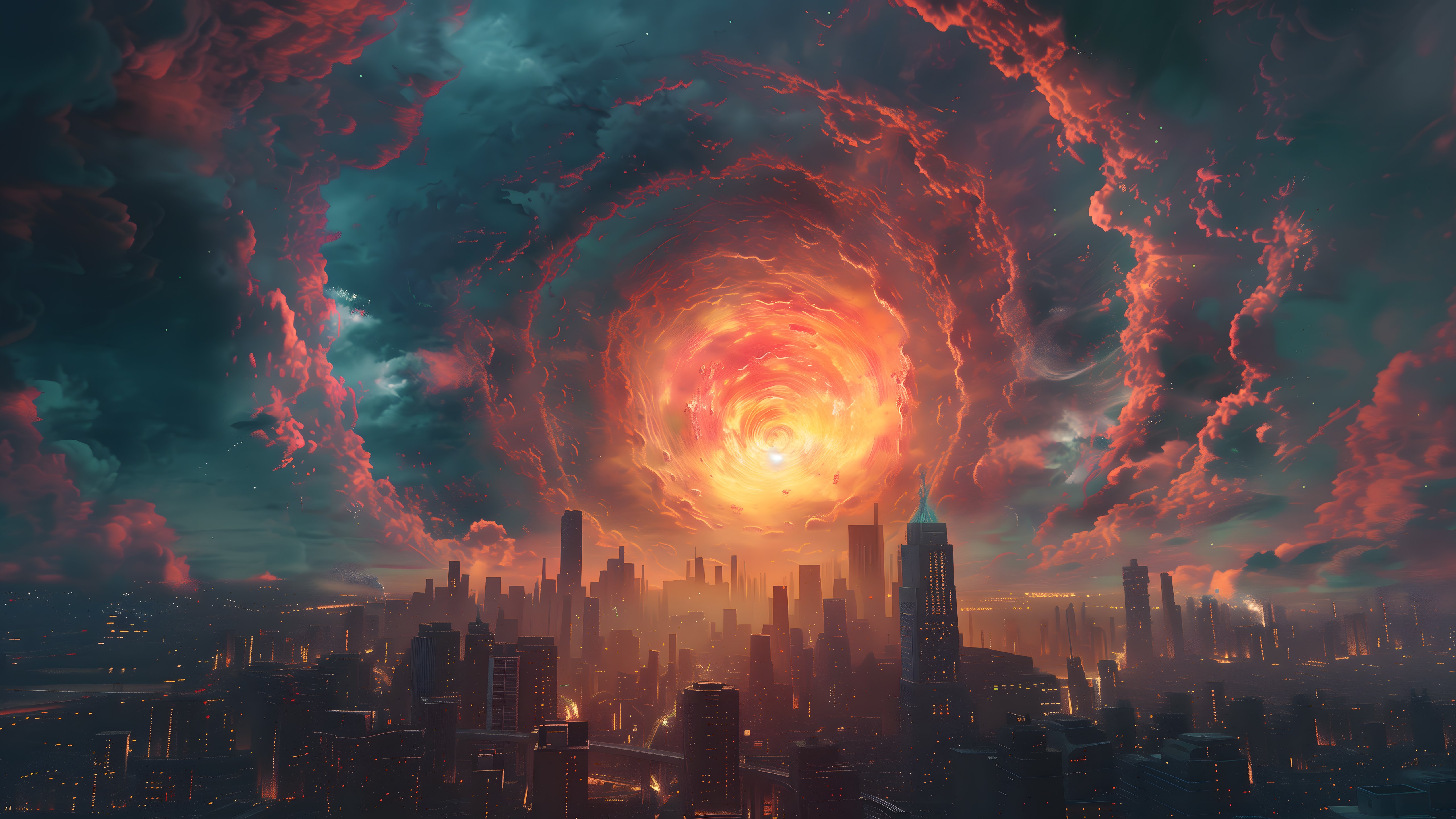 Fiery whirlwind over the city - 5K wallpapers in 5120x2880 resolution