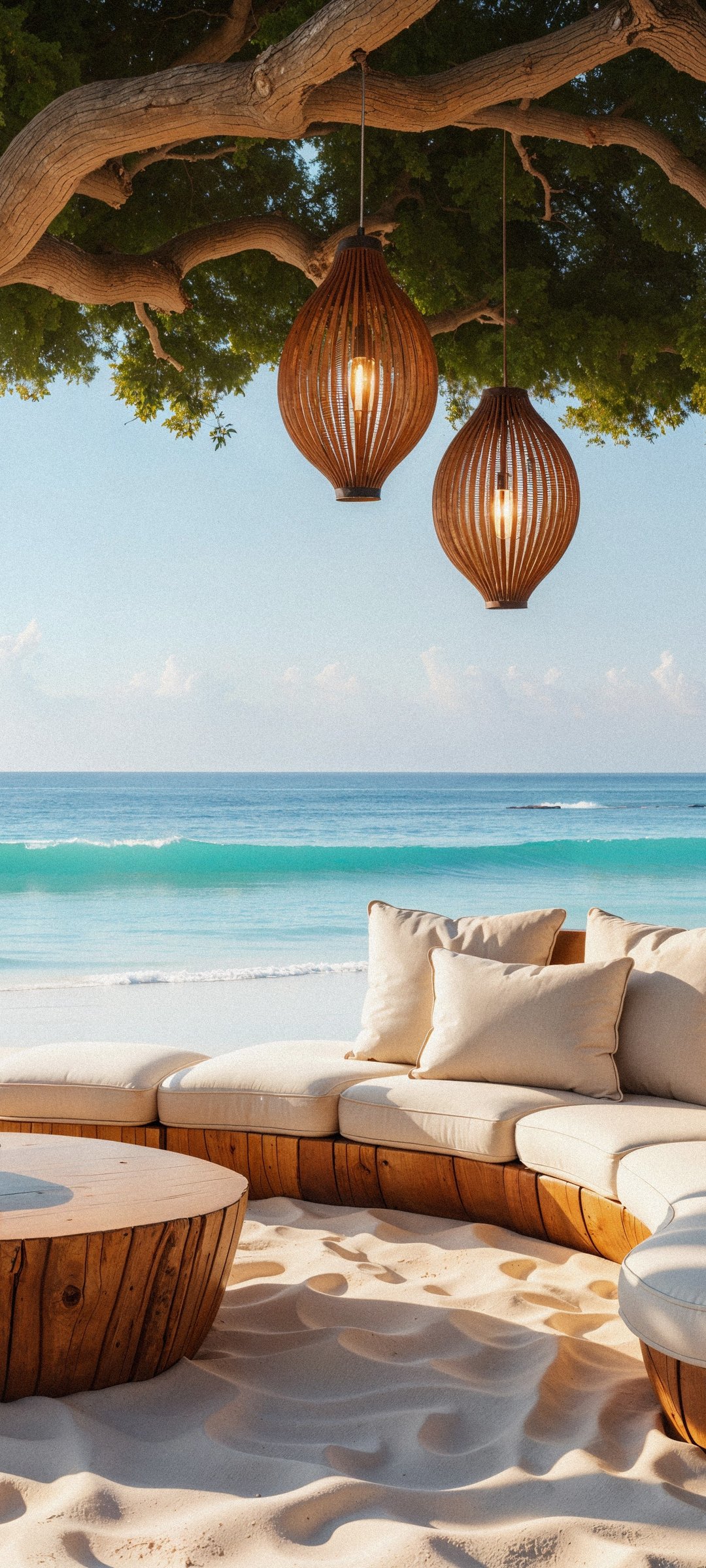 Coastal Seating Area Under Tree - Wallpapers for Samsung Galaxy M55, POCO M4/X4/X5, Xiaomi Redmi 12/13/Note 13/Note 14/Note 14S in 1080x2400 resolution