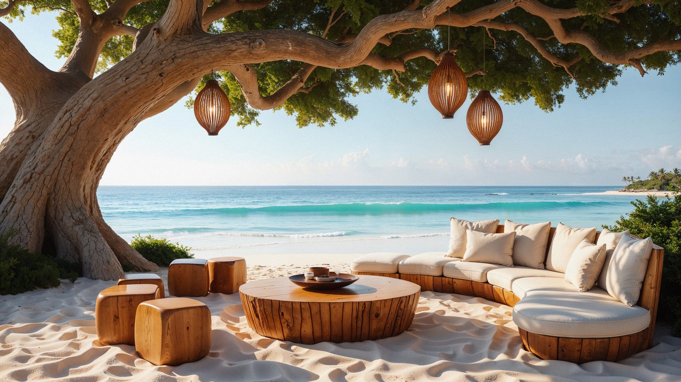 Coastal Seating Area Under Tree - Laptop Wallpapers in 1366x768 resolution