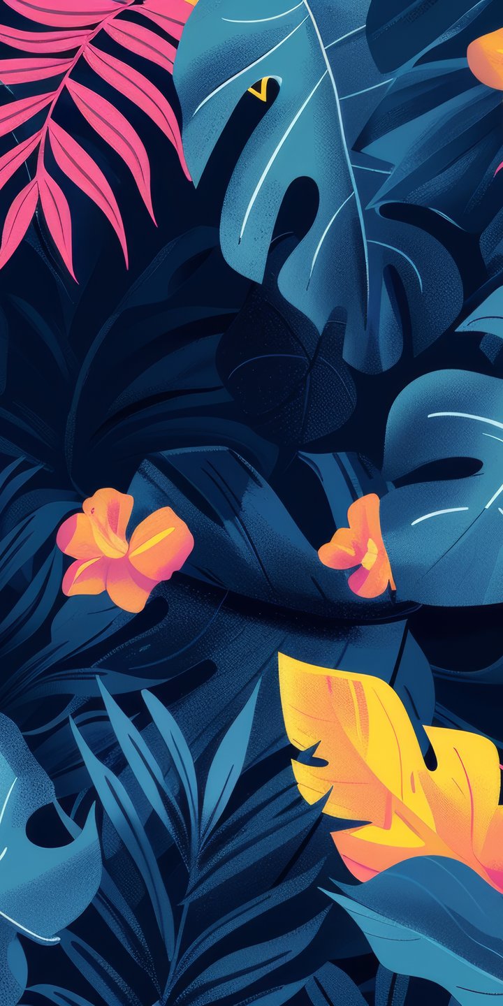Tropical leaves and flowers artwork - Wallpapers for Samsung Galaxy A03s, Xiaomi Redmi 7A, POCO C3 in 720x1440 resolution