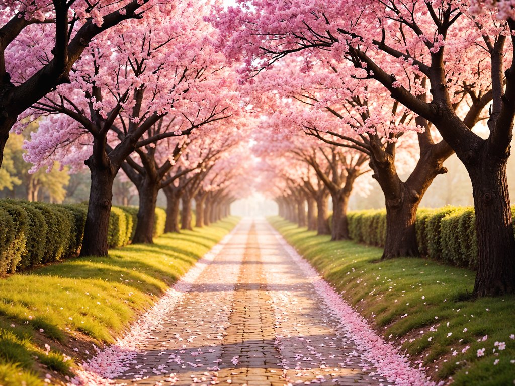Cherry blossom trees lining a walkway - XVGA wallpapers in 1024x768 resolution