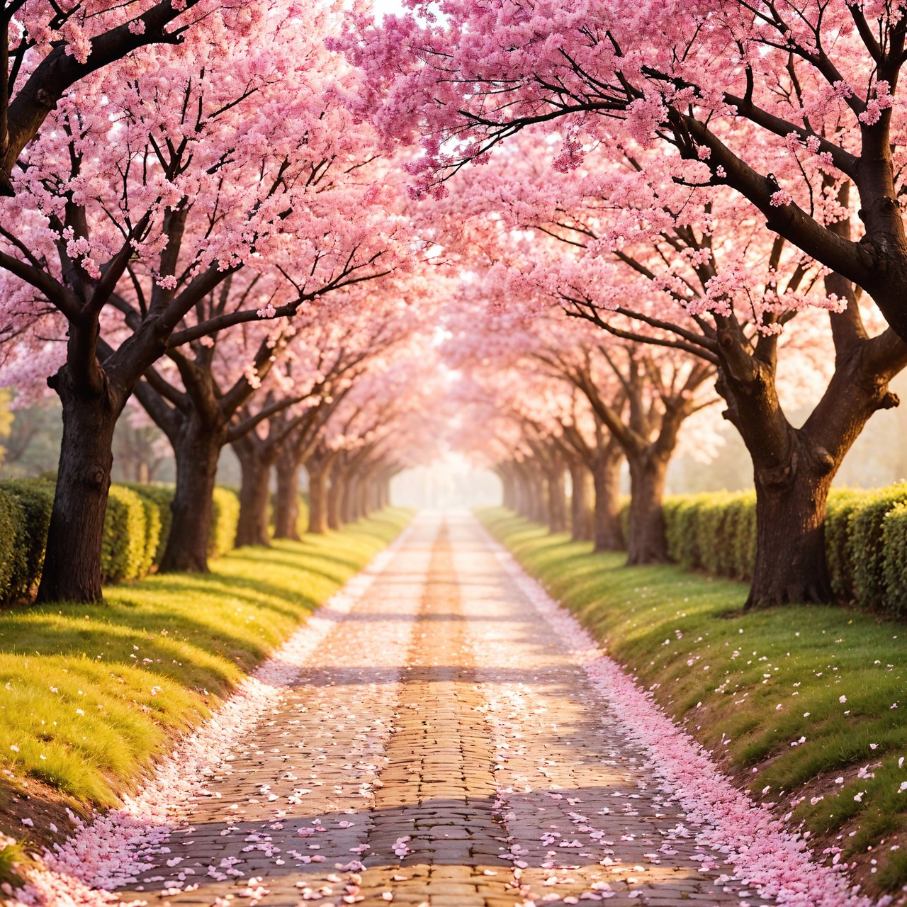 Cherry blossom trees lining a walkway - Wallpapers for Lenovo, Huawei in 1280x1280 resolution