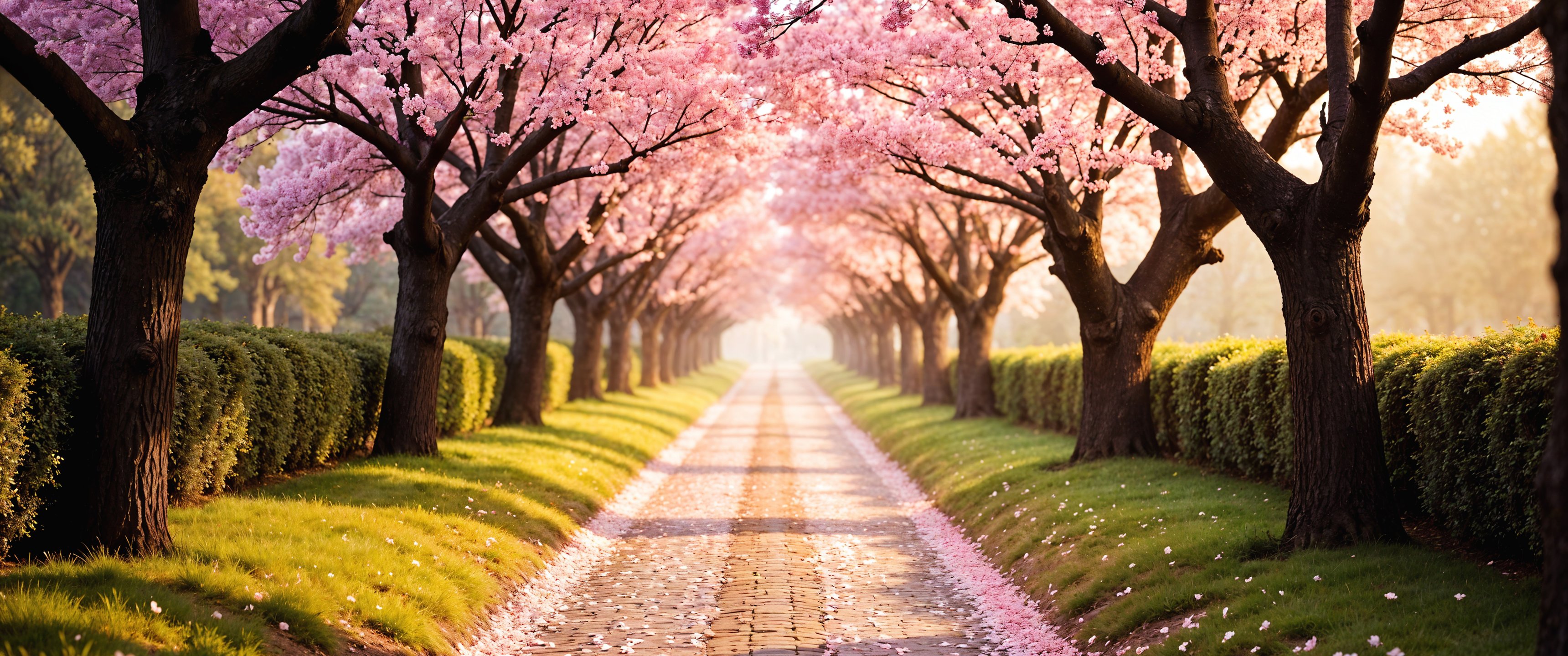 Cherry blossom trees lining a walkway - UltraWide 21:9 wallpapers in 3440x1440 resolution