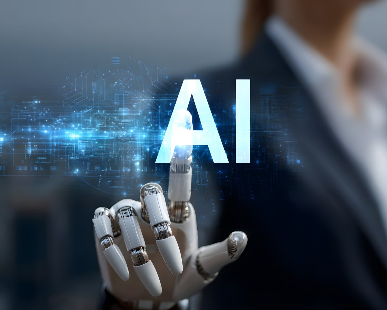 Robot hand interacting with AI interface - SXGA wallpapers in 1280x1024 resolution