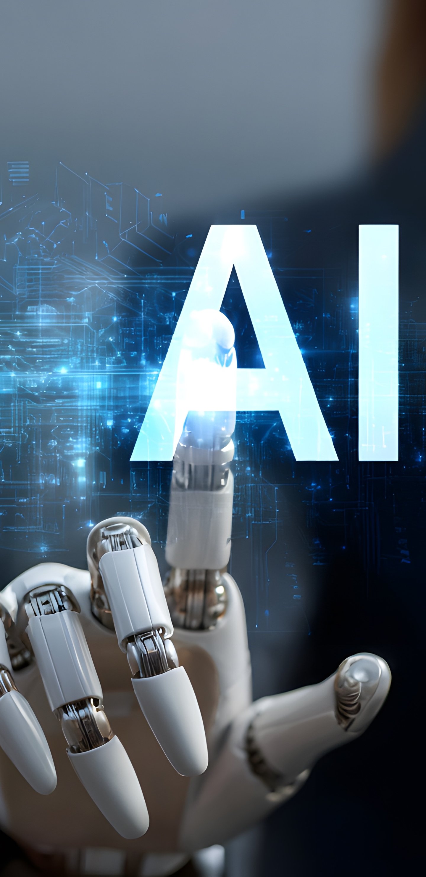 Robot hand interacting with AI interface - Wallpapers for Samsung Galaxy S8/S8+/Note 8/S9/S9+/Note 9 in 1440x2960 resolution