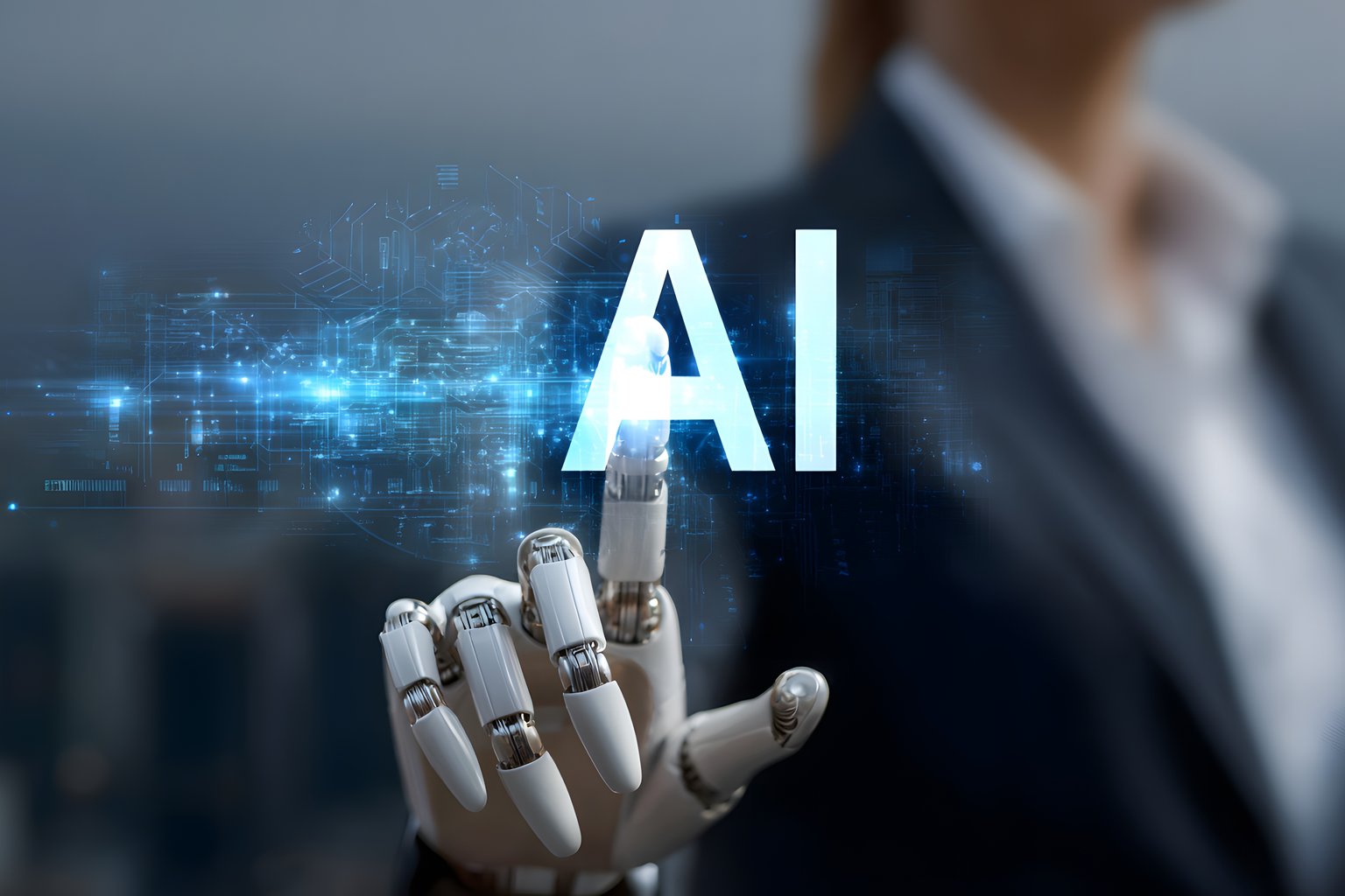 Robot hand interacting with AI interface - Microsoft Surface 12.4″ wallpapers in 1536x1024 resolution