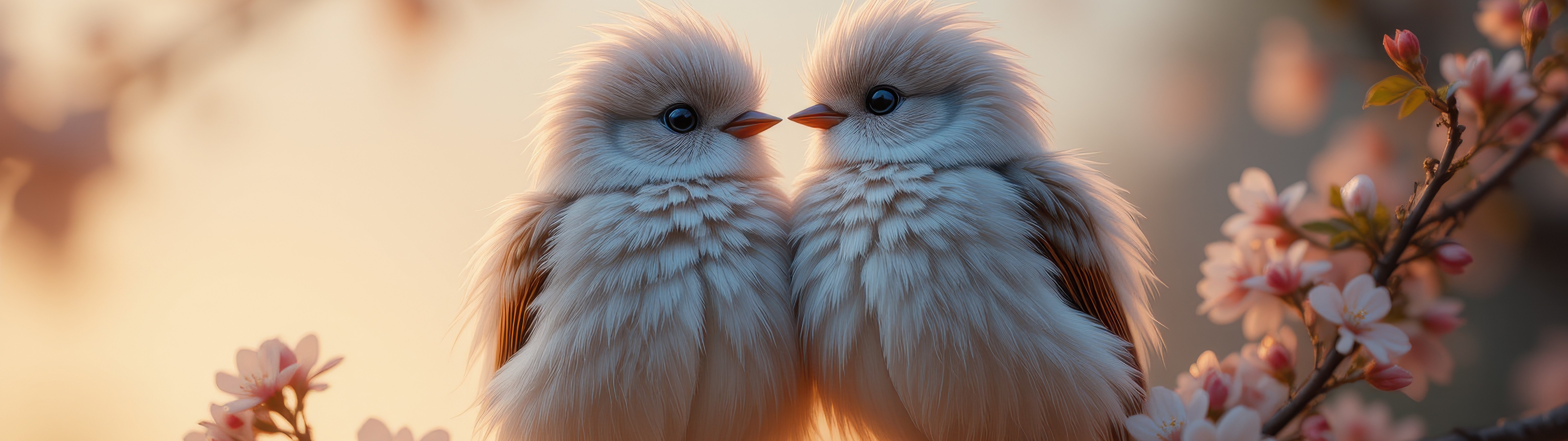 Two fluffy birds on a branch - Dual Monitor Wallpapers in 7680x2160 resolution