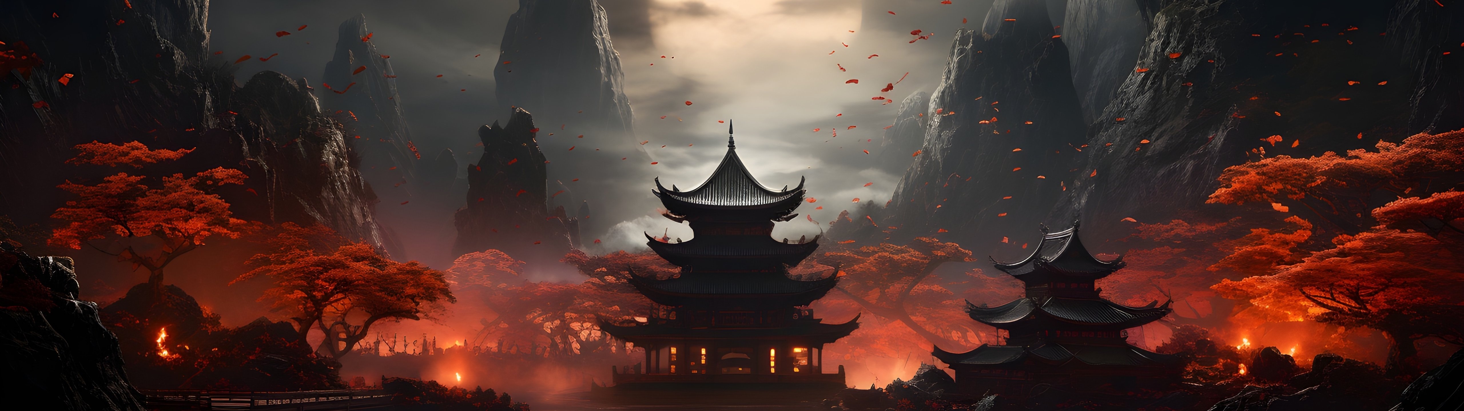 Mystical pagoda by moonlight - UltraWide 32:9 wallpapers in 5120x1440 resolution