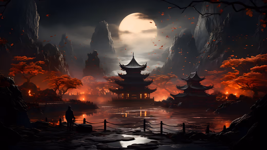 Mystical pagoda by moonlight — desktop and phone wallpaper, free download