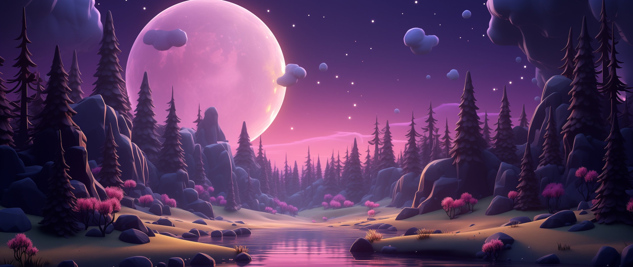 Fantasy forest with a pink moon - UltraWide 21:9 wallpapers in 2560x1080 resolution