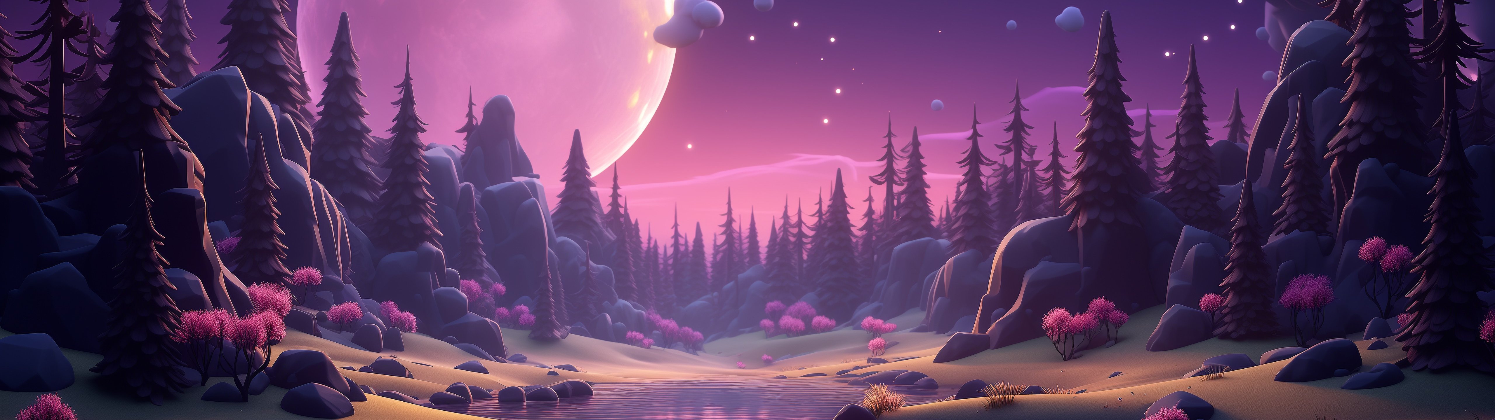 Fantasy forest with a pink moon - UltraWide 32:9 wallpapers in 5120x1440 resolution