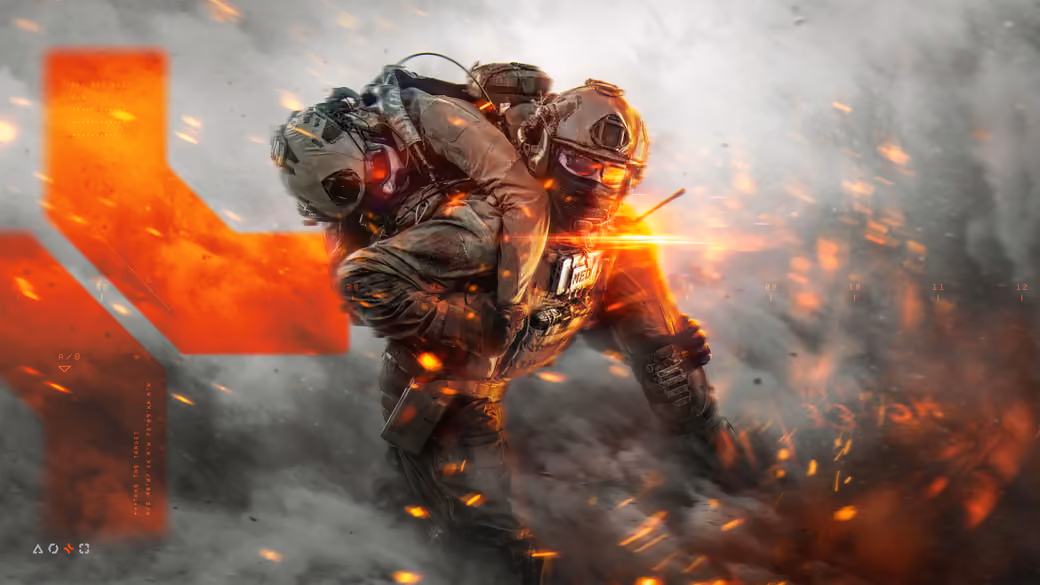 Battlefield 6 soldier carrying wounded — desktop and phone wallpaper, free download