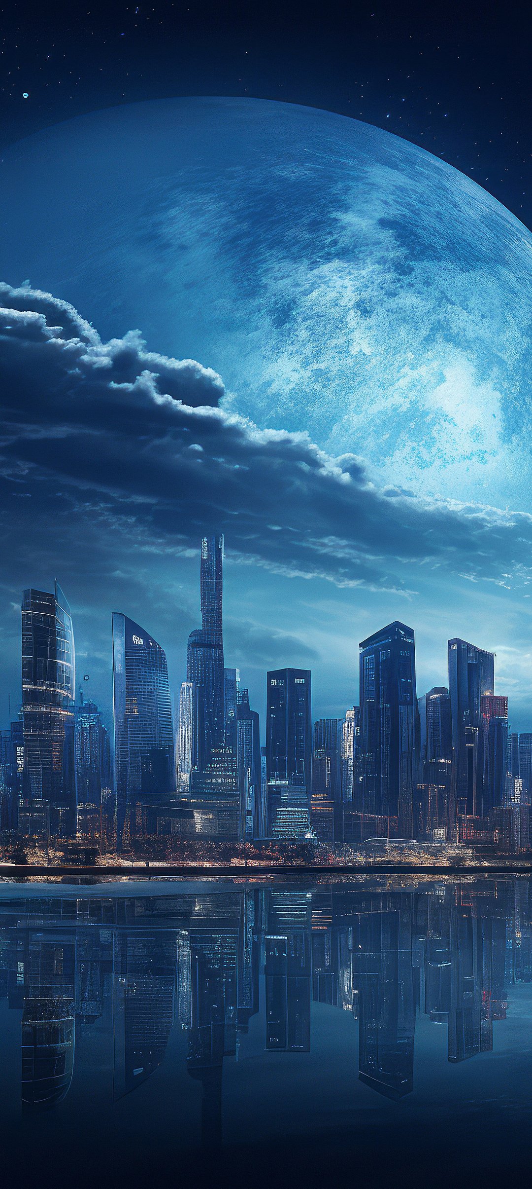 Futuristic cityscape under full moon - Wallpapers for Samsung Galaxy A13/A14/A53, Realme 12 Pro 5G, POCO M5 in 1080x2408 resolution