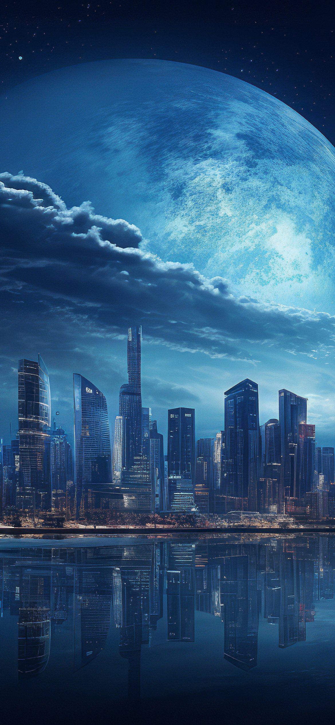 Futuristic cityscape under full moon - Wallpapers for iPhone 12 Pro/13 Pro/14 in 1170x2532 resolution