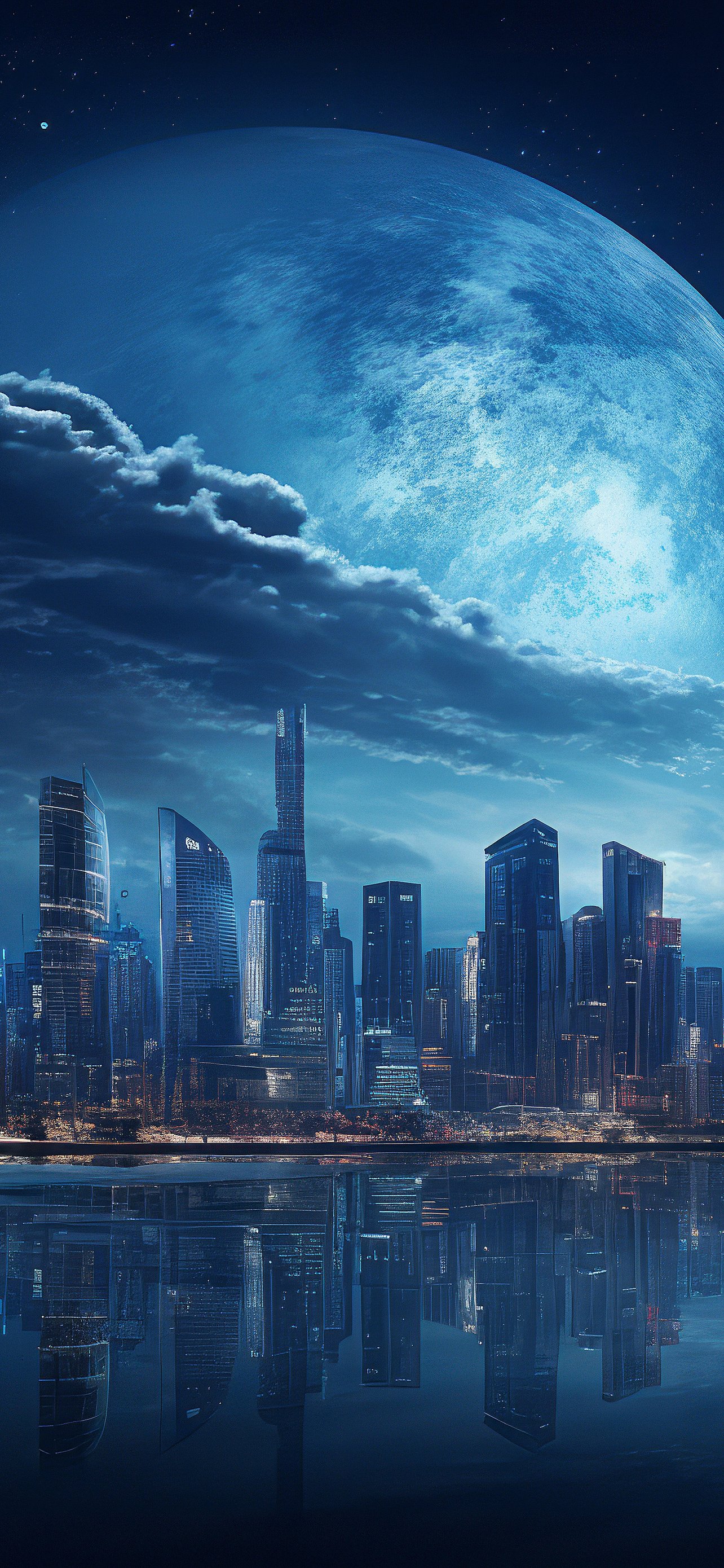 Futuristic cityscape under full moon - Wallpapers for iPhone 13 Pro Max/12 Pro Max/14 Plus in 1284x2778 resolution