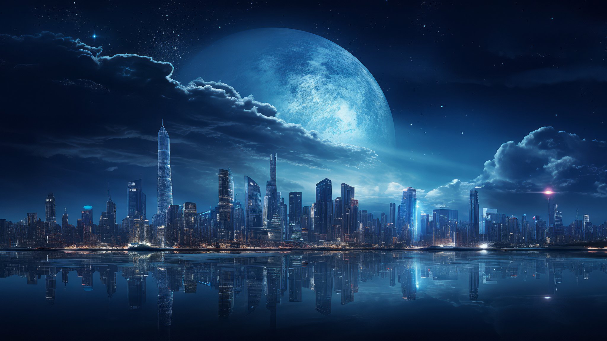 Futuristic cityscape under full moon - QWXGA wallpapers in 2048x1152 resolution