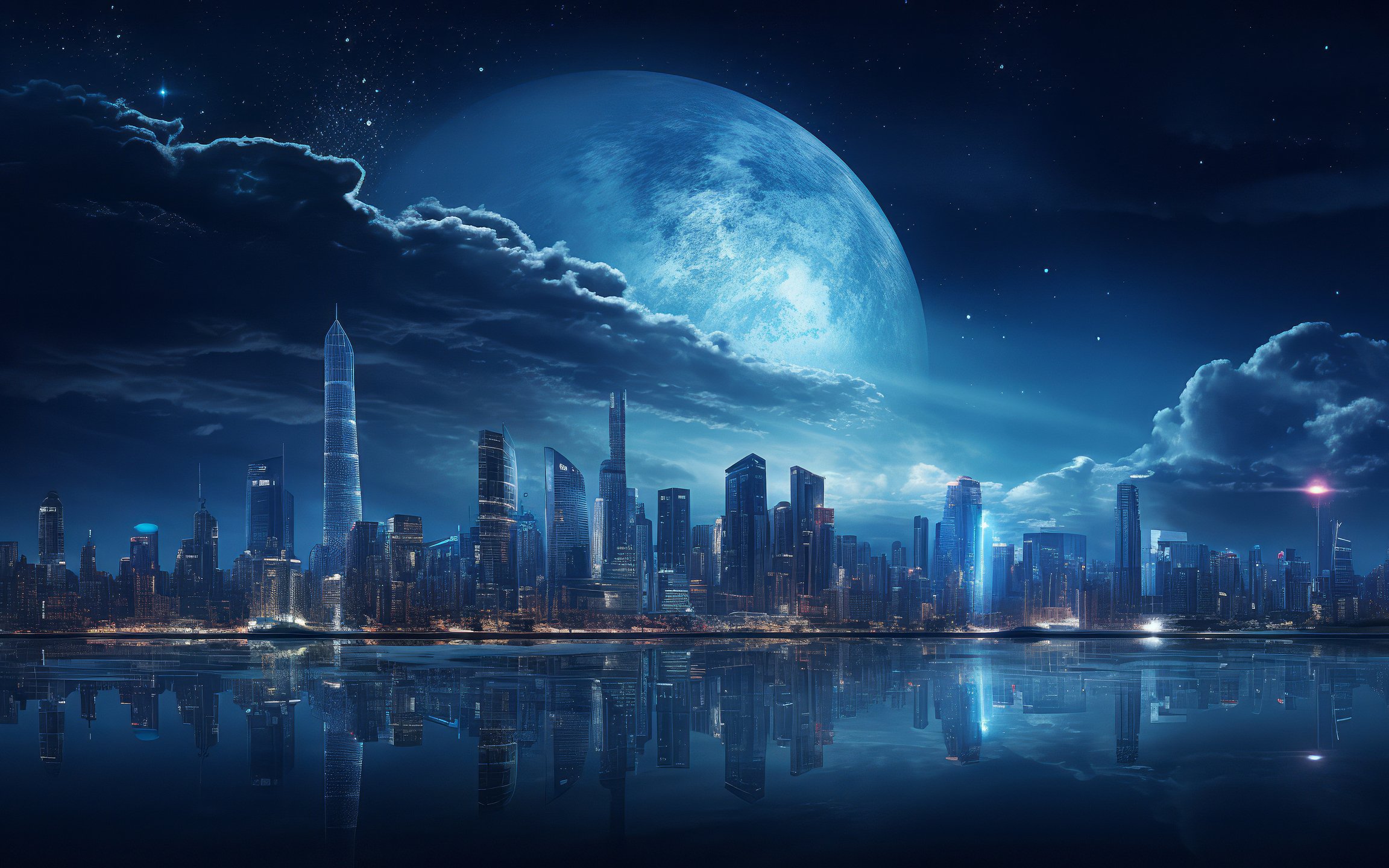 Futuristic cityscape under full moon - Wallpapers for Apple MacBook 12″ in 2304x1440 resolution