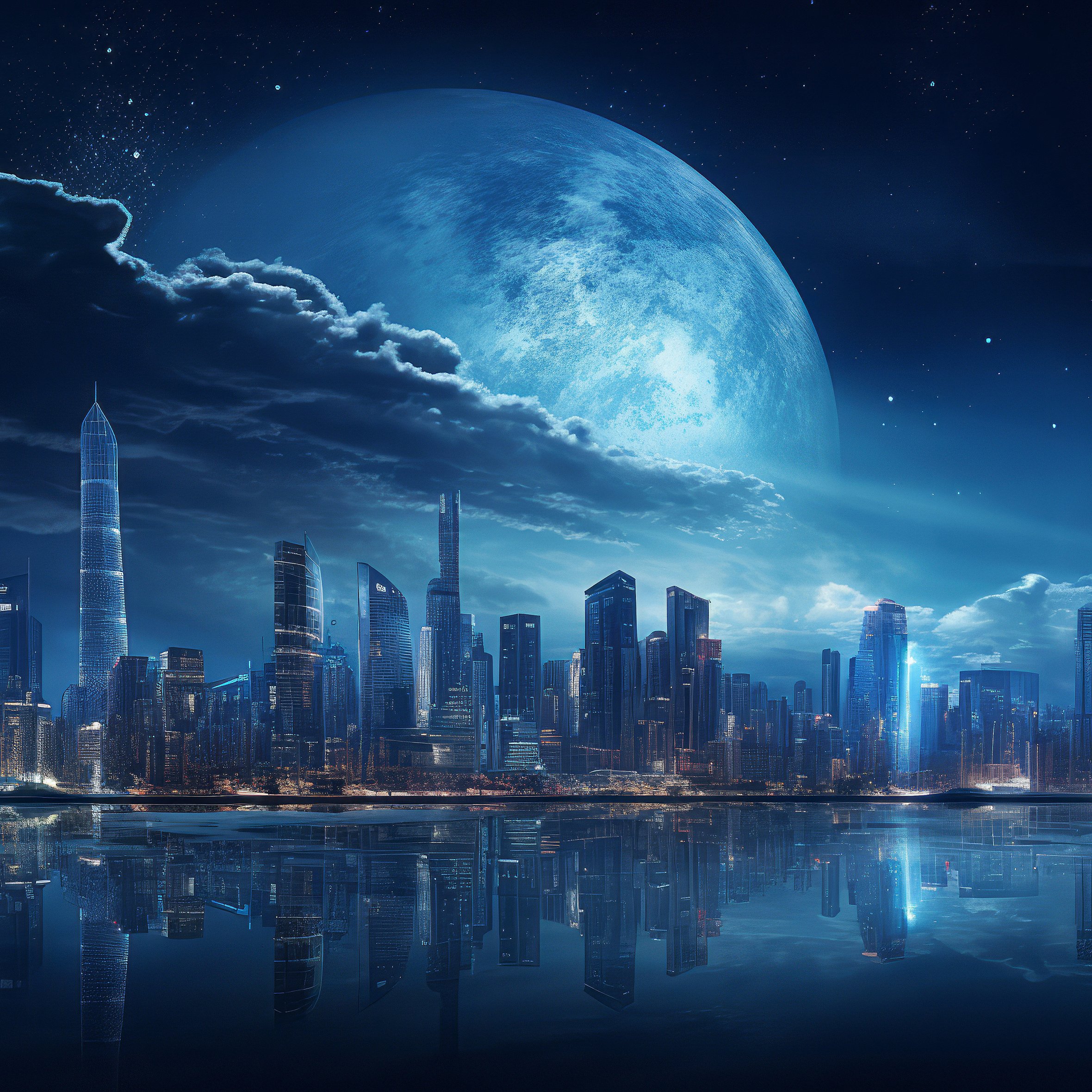 Futuristic cityscape under full moon - Wallpapers for iPad Air 10.9″ in 2360x2360 resolution