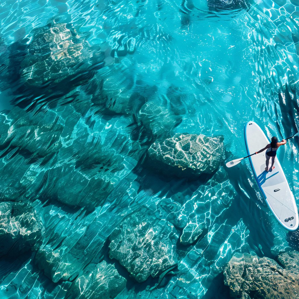Sapboard on clear turquoise water - Wallpapers for Apple iPad 1 in 1024x1024 resolution