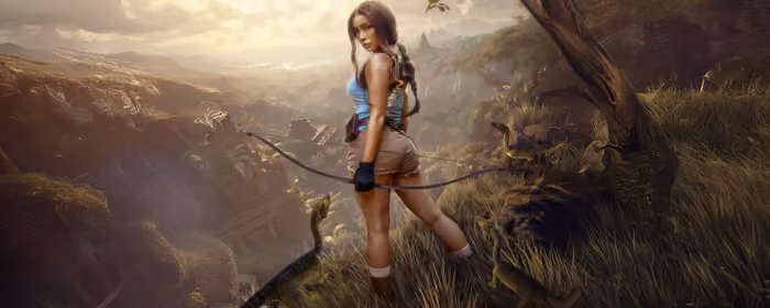 Обои люди: косплей, Tomb Raider, джунгли, динозавр