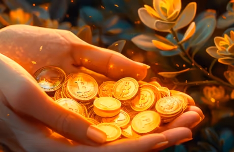 Обои технологии: Биткойн, криптовалюта, рука, монеты