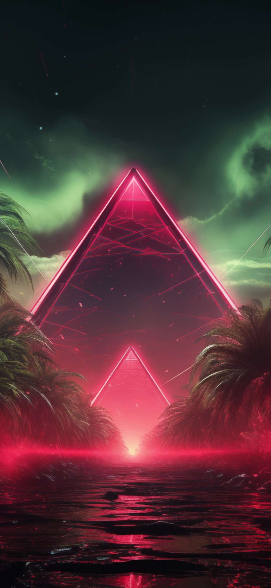 Neon pyramids in the jungle - Wallpapers for iPhone 12 mini/13 mini, Samsung Galaxy S24/S24 FE/S25/S25 FE/S26/A55/A56/A35/A26/A16/M15, Xiaomi, Sony Xperia in 1080x2340 resolution