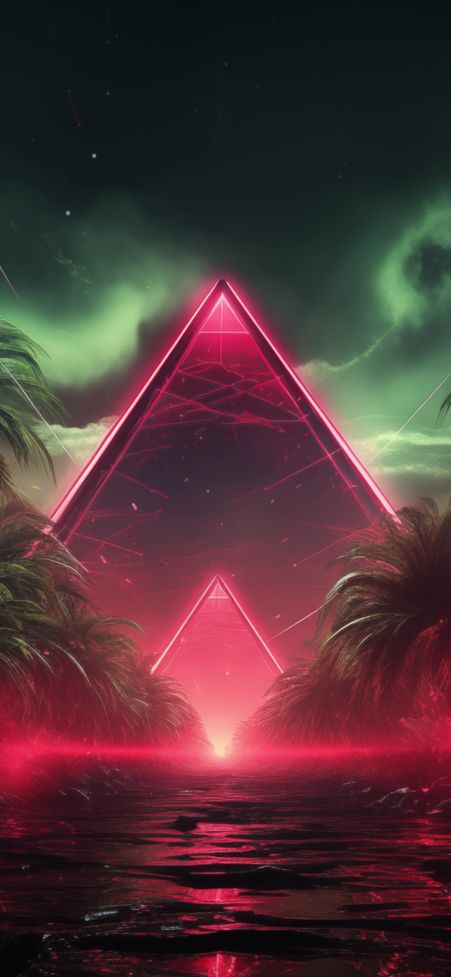 Neon pyramids in the jungle - Wallpapers for Samsung Galaxy S24/S24 Ultra/S25 Ultra/S25+/S26 Ultra in 1440x3120 resolution