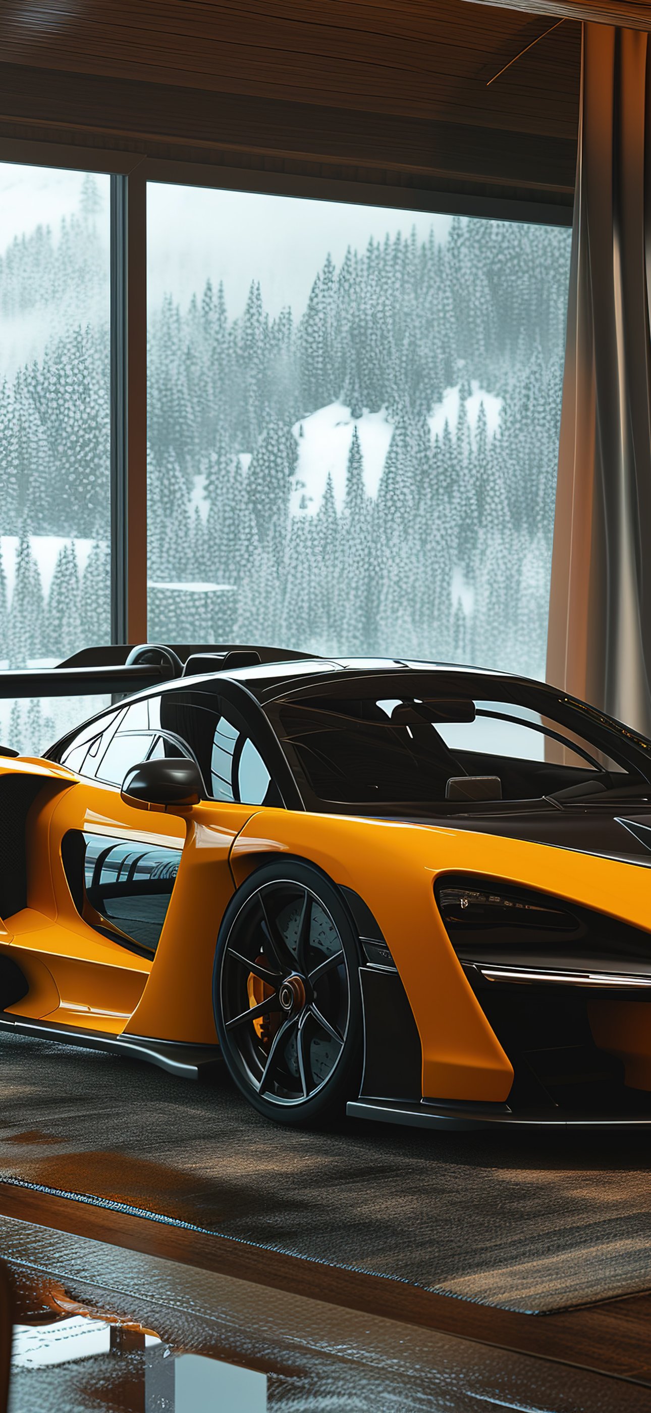 McLaren Senna parked near fireplace in cozy home - Wallpapers for iPhone 15 Pro Max/14 Pro Max in 1290x2796 resolution