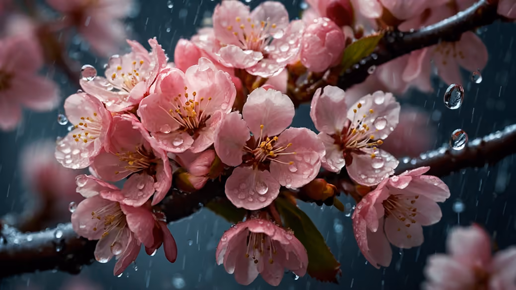 Pink cherry blossoms with water drops - Wallpapers for Samsung, HTC, Sony in 540x960 resolution