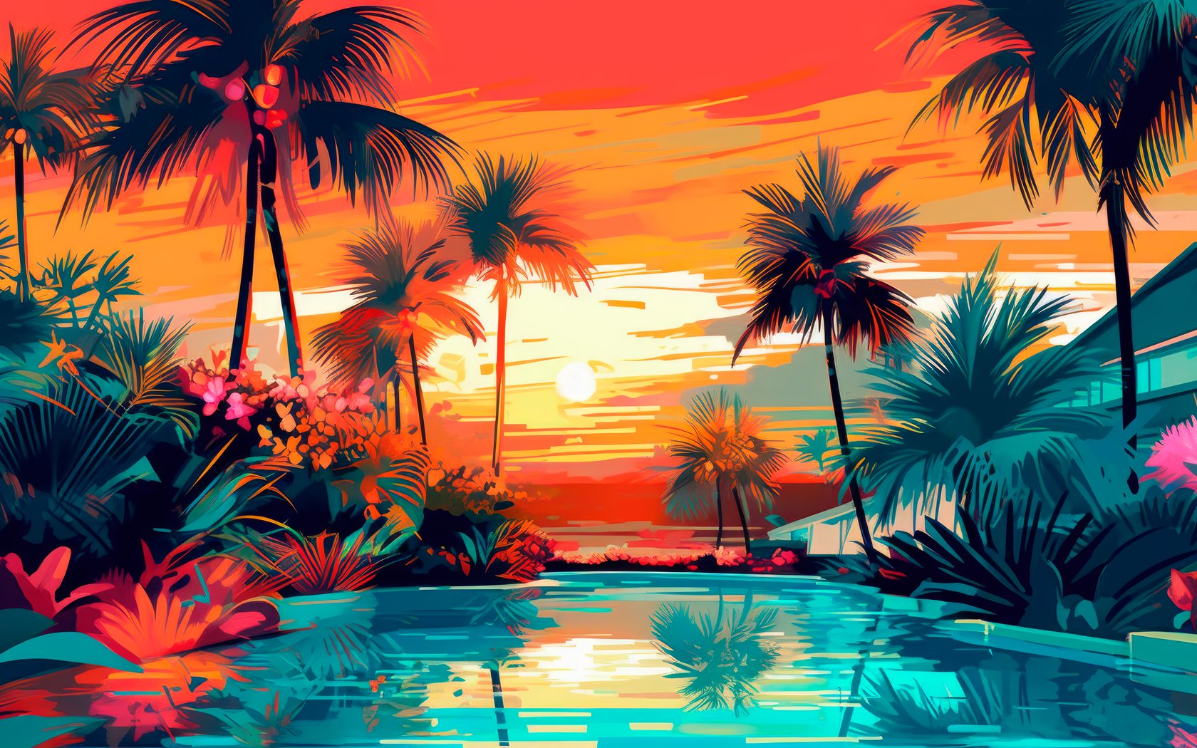 Tropical palm trees by sunset pool - WSXGA+ wallpapers in 1680x1050 resolution