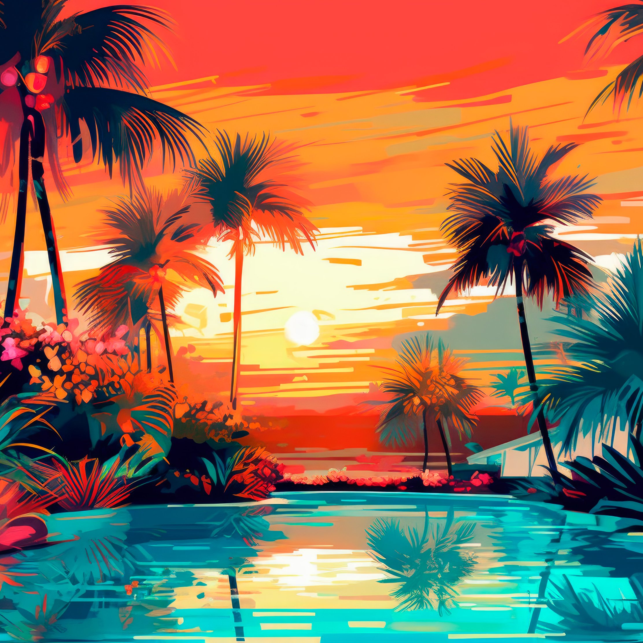 Tropical palm trees by sunset pool - Wallpapers for iPad Pro 10.5″ in 2224x2224 resolution