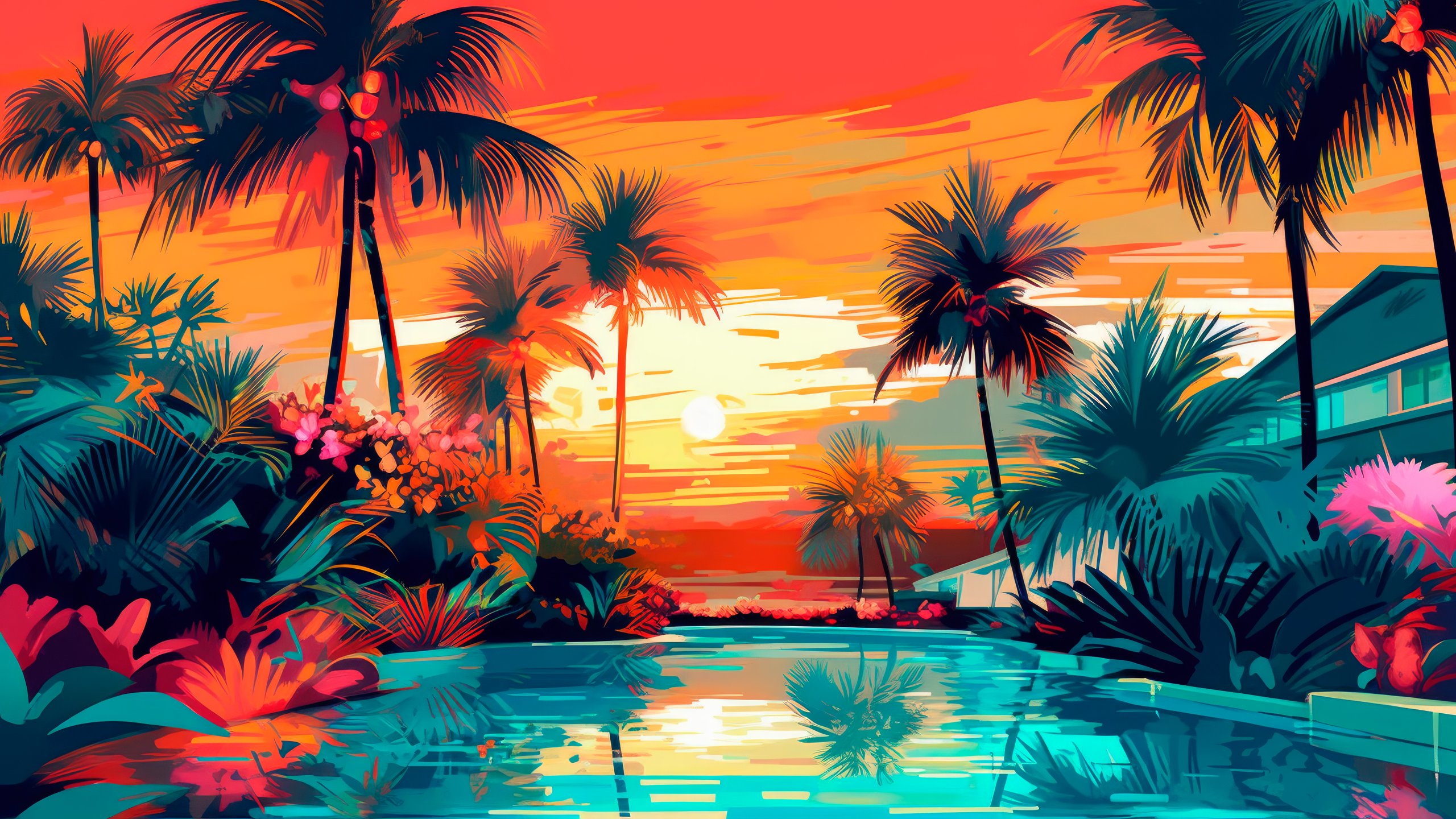 Tropical palm trees by sunset pool - 2K Quad HD wallpapers in 2560x1440 resolution