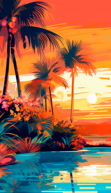 Illustrations wallpapers: tropics, palms, pool, sunset