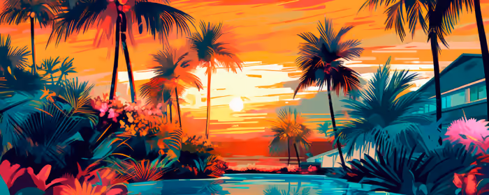 UltraWide 32:9 wallpapers (5120x1440): tropics, palms, pool, sunset