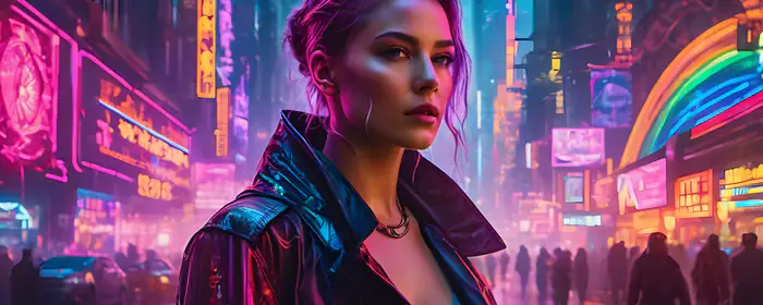 UltraWide 21:9 обои (3440x1440): киберпанк, женщина, девушка, фиолетовые волосы