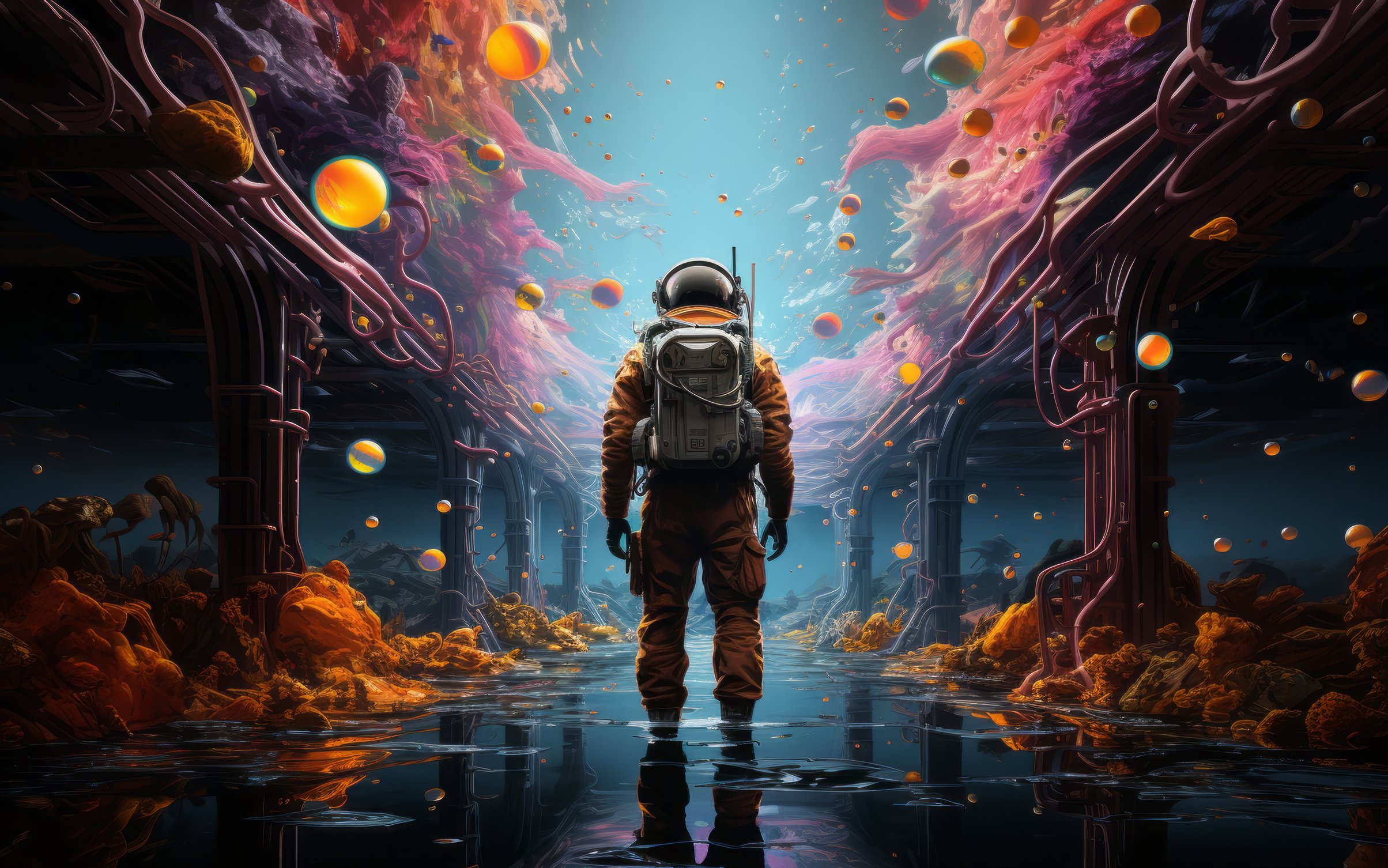 Space explorer in alien cavern - Wallpapers for MacBook Neo in 2408x1506 resolution