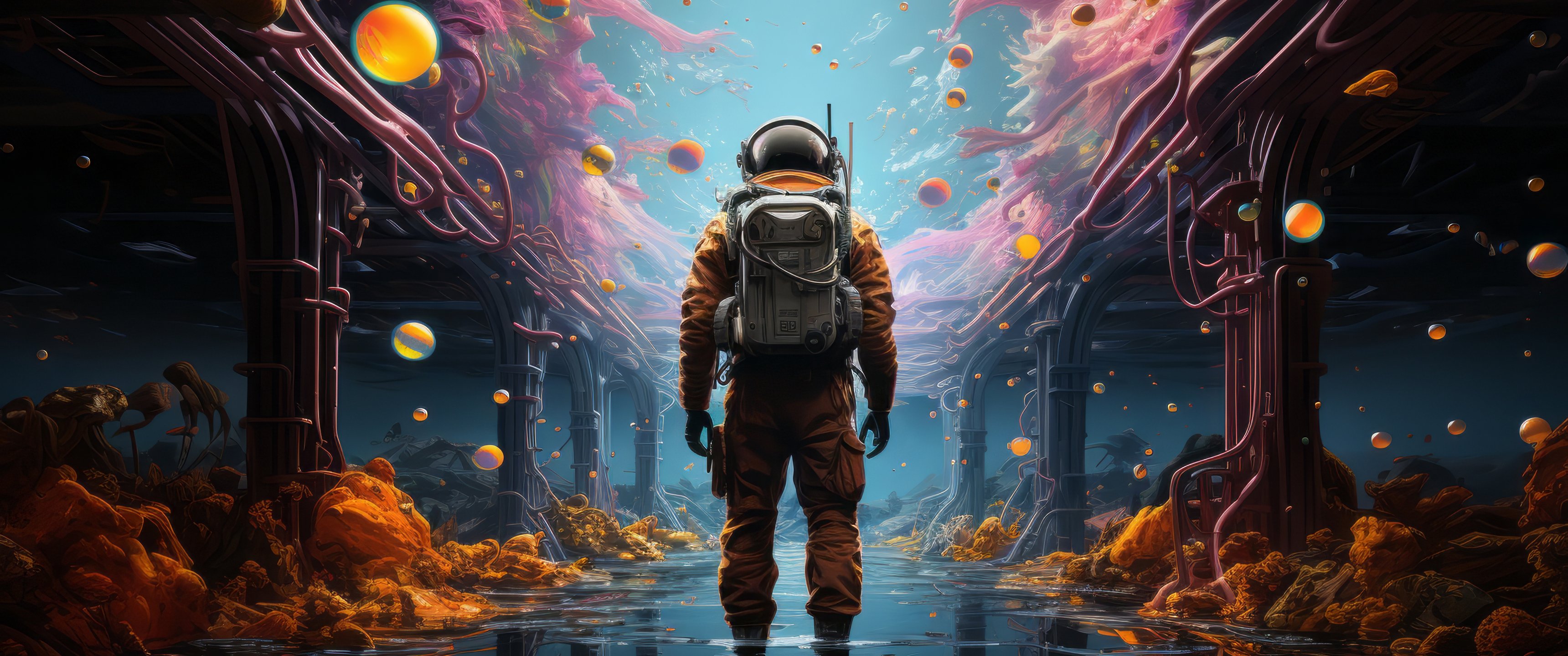 Space explorer in alien cavern - UltraWide 21:9 wallpapers in 3440x1440 resolution