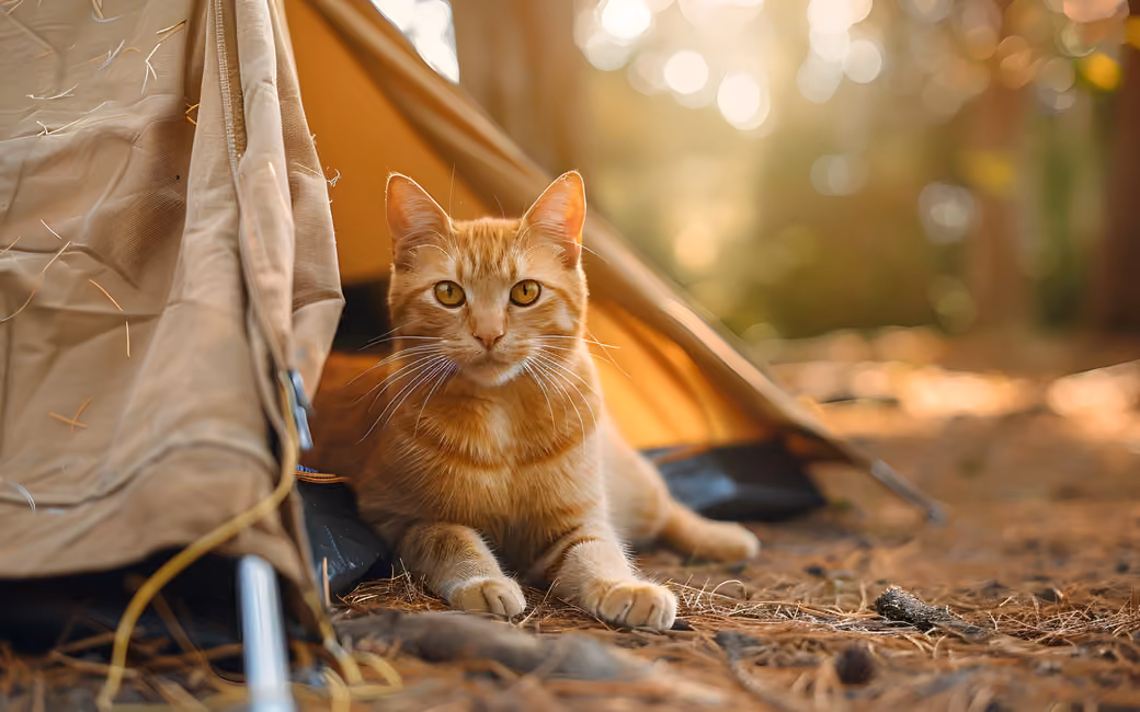 Red-haired cat in the tent — desktop and phone wallpaper, free download