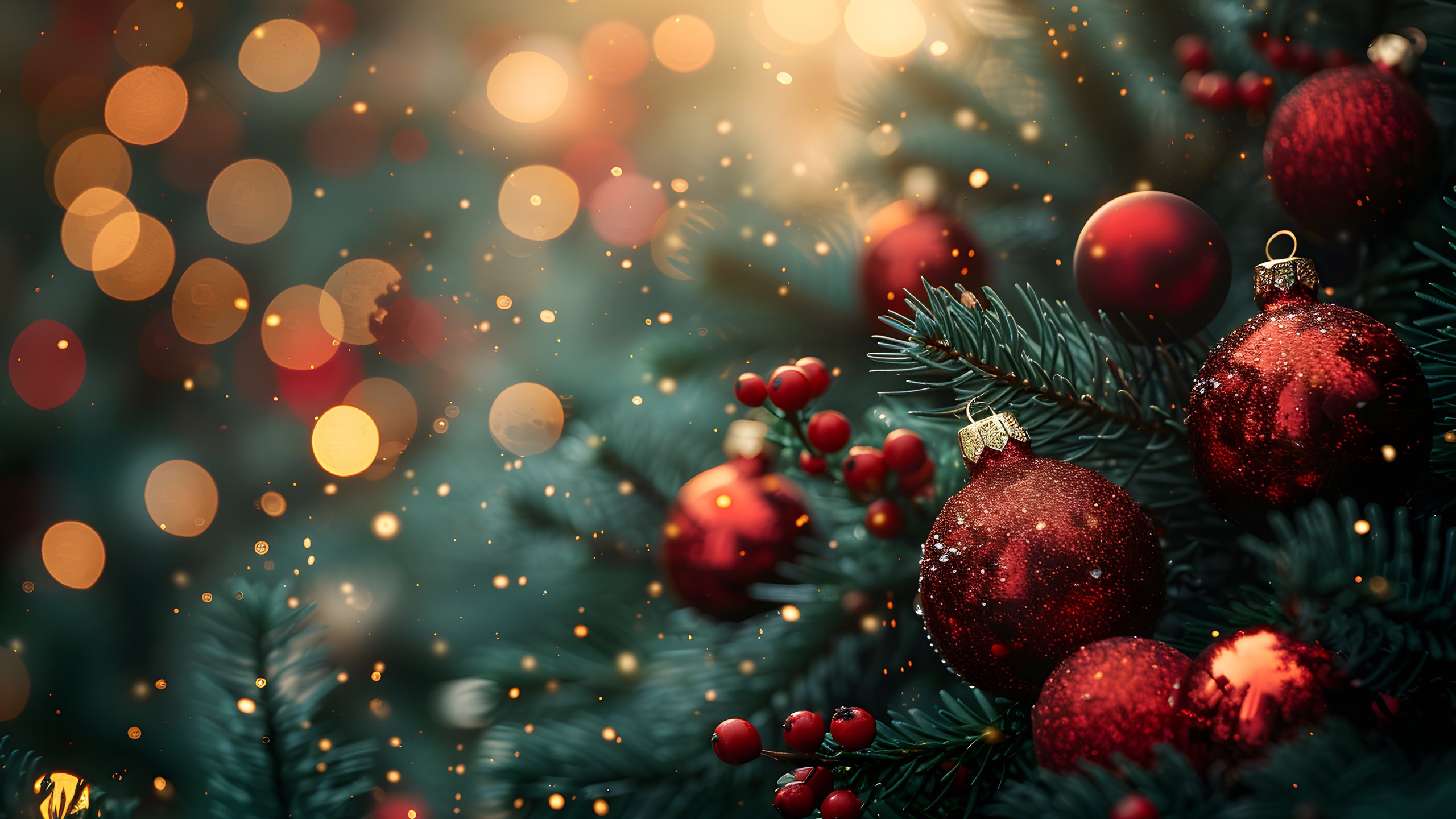 Christmas tree with red baubles close-up - 2K Quad HD wallpapers in 2560x1440 resolution