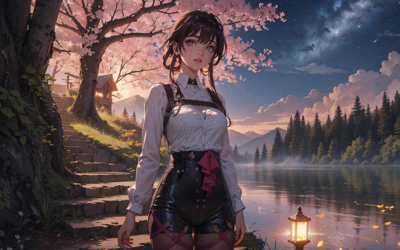 Anime girl by the river under sakura - WXGA_1280 wallpapers in 1280x800 resolution